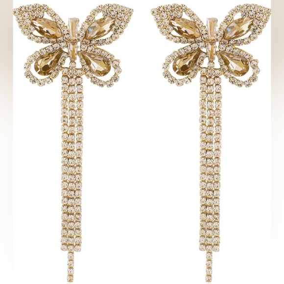 Butterfly Chandelier Pave Rhinestone Gold CZ Crystal Earrings Butterflies New - Picture 4 of 6